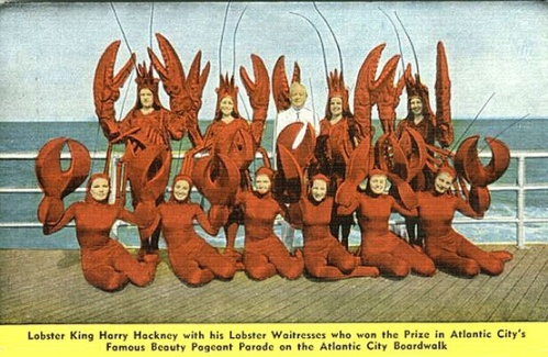 Lobster king Harry Hackney with his Lobster Waitresses, who won the prize in Atlantic City's famous beauty pageant parade, date unknown.