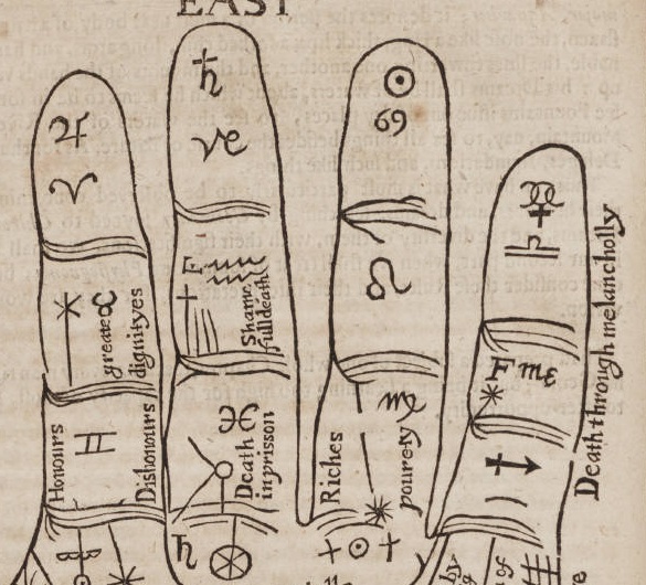 Detail of fingers showing astrological significance of lines and areas like 'death through melancholy'.