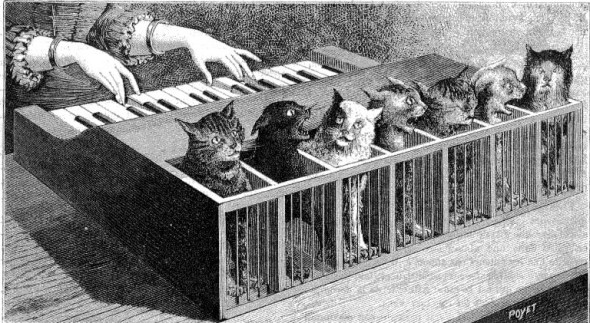 Illustration of a cat piano, from La Nature (1883)