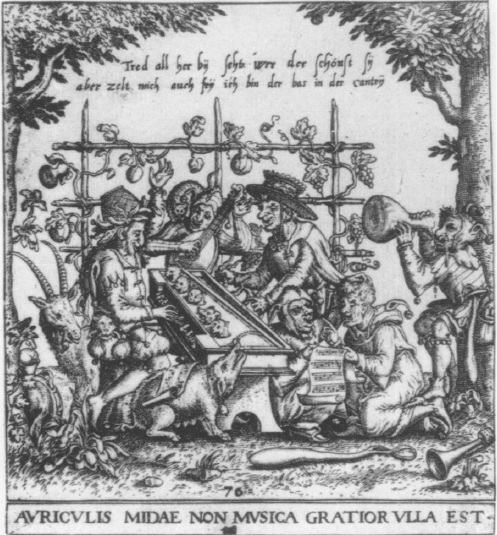 Illustration featuring a katzenclavier, taken from Johann Theodor de Boy's 'Emblemata Saecularia..' (1596)