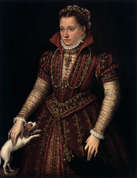Portrait of a young woman in ornate red dress, holding a small white dog and a flea-fur or jeweled weasel pelt