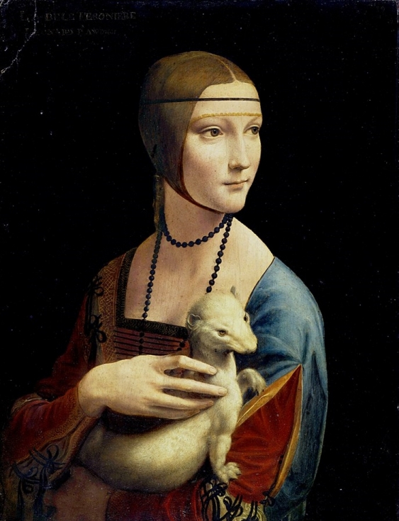Renaissance era portrait of a noblewoman in blue and red dress holding a white ermine in her arms
