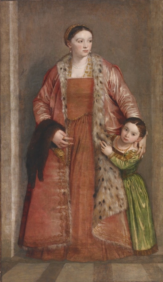 Portrait of a woman wearing a red dress and a jeweled pelt of a sable or marten, with her young daughter peeking out from behind her skirt.