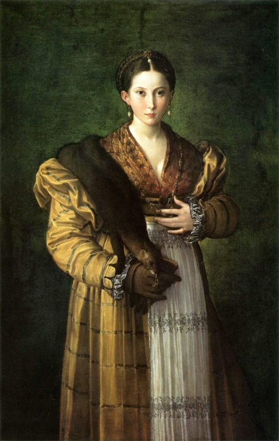 Renaissance portrait of a young woman in yellow gown with her hand to her womb, holding a weasel pelt or flea-fur