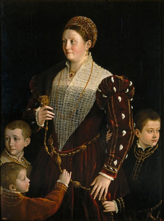 Renaissance era portrait of a noblewoman with a mink pelt over her shoulder, surrounded by her three young sons