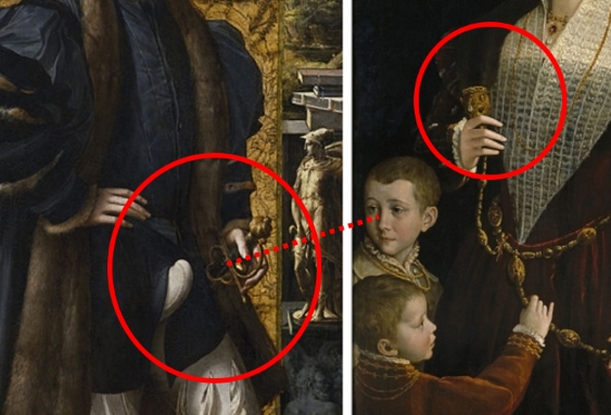 Painting detail showing the husband's prominent codpiece and sword handle, in relation to the son's gaze and his wife's hand on her weasel pelt