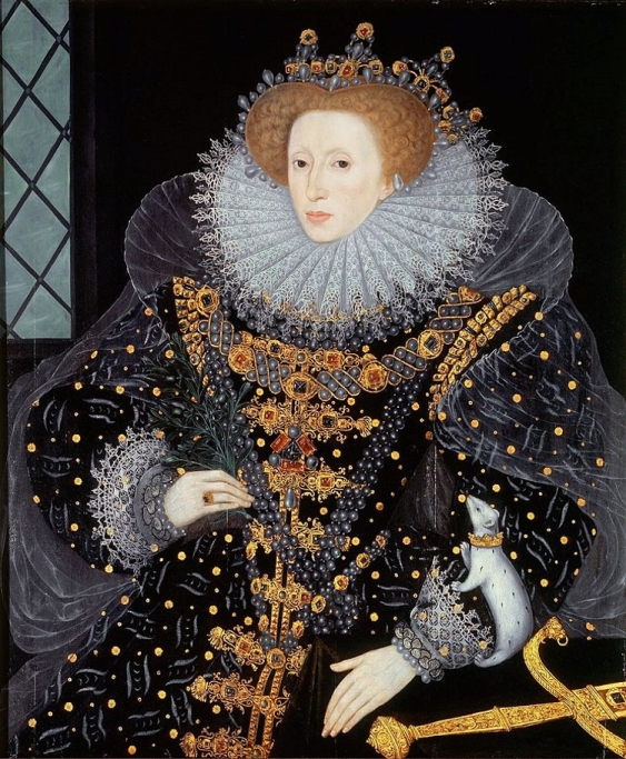 Portrait of Queen Elizabeth I in ornate black dress with a white ermine on her arm