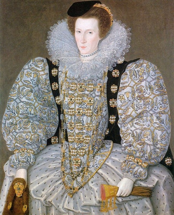 Portrait of an unknown Renaissance noblewoman wearing an ornate white embroidered dress, and holding a jeweled weasel pelt